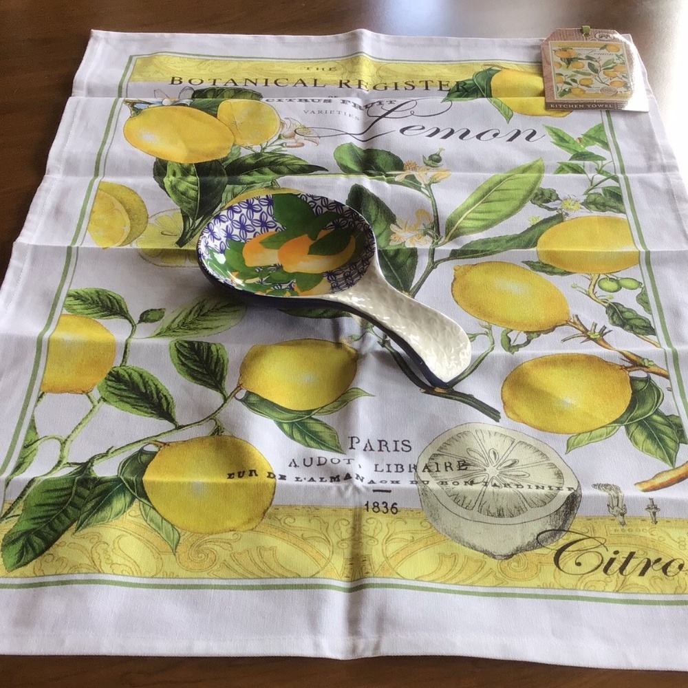 Lemons print Tea Towel Michel Design & Spoon Holder Maxwell Williams New